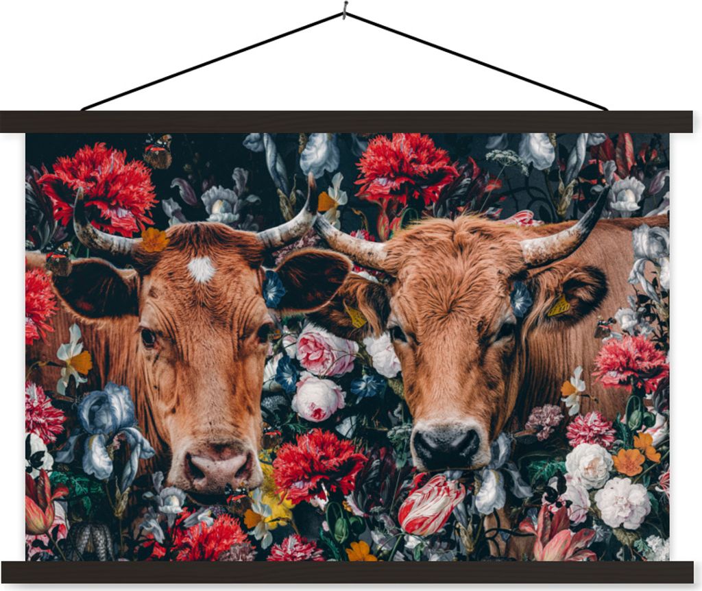 MuchoWow Textilposter Kuh - Blumen - Tiere - Porträt 150x100 cm mit schwarzem Rahmen - Schlafzimmer