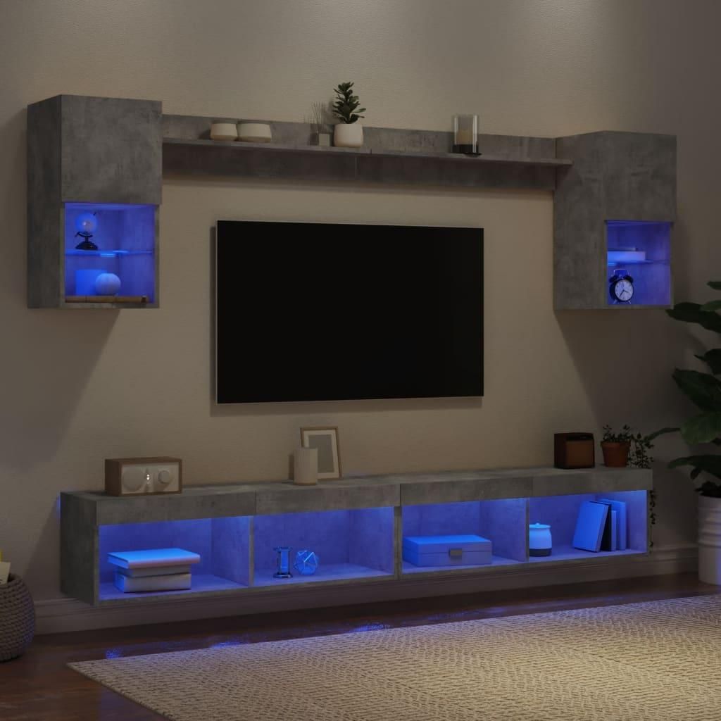 Schlichtes 6-tlg. Wohnwand mit LED-Beleuchtung Betongrau Holzwerkstoff,TV-Schränke DesignMöbel Neu