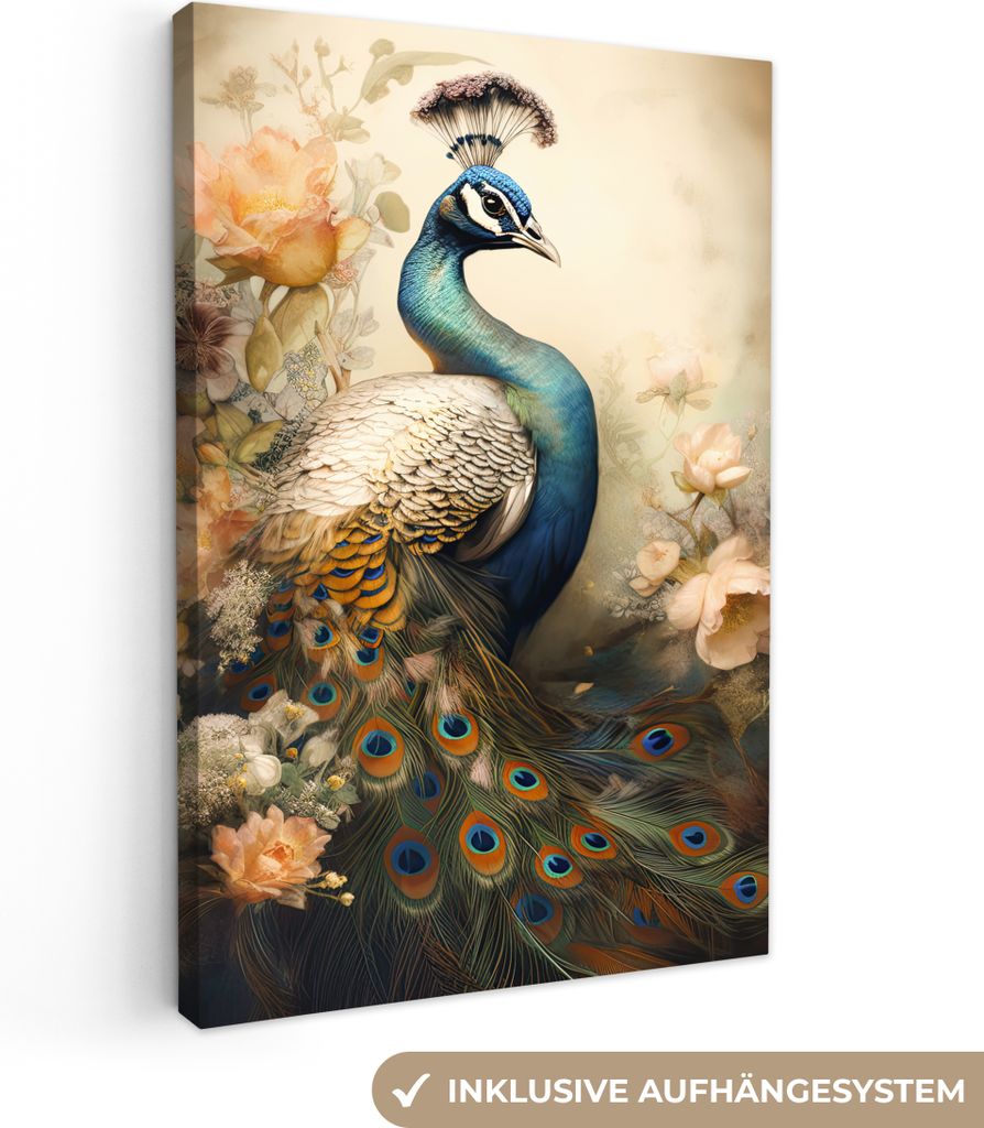 MuchoWow - Leinwandbilder - Pfau - Pfauenfedern - Blumen - Botanisch, Wandbild, Wanddeko Bilder Wohnzimmer, 80x120 cm