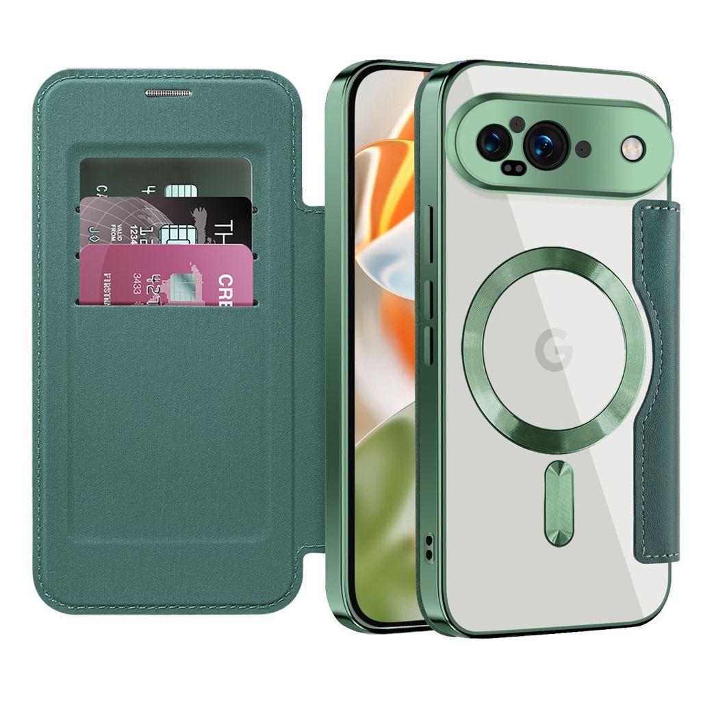 Klapphülle für Google Pixel 10 Kompatibel mit Magsafe, Klar Überzug Kartenhalter Ledertasche mit Kameraschutz Grün