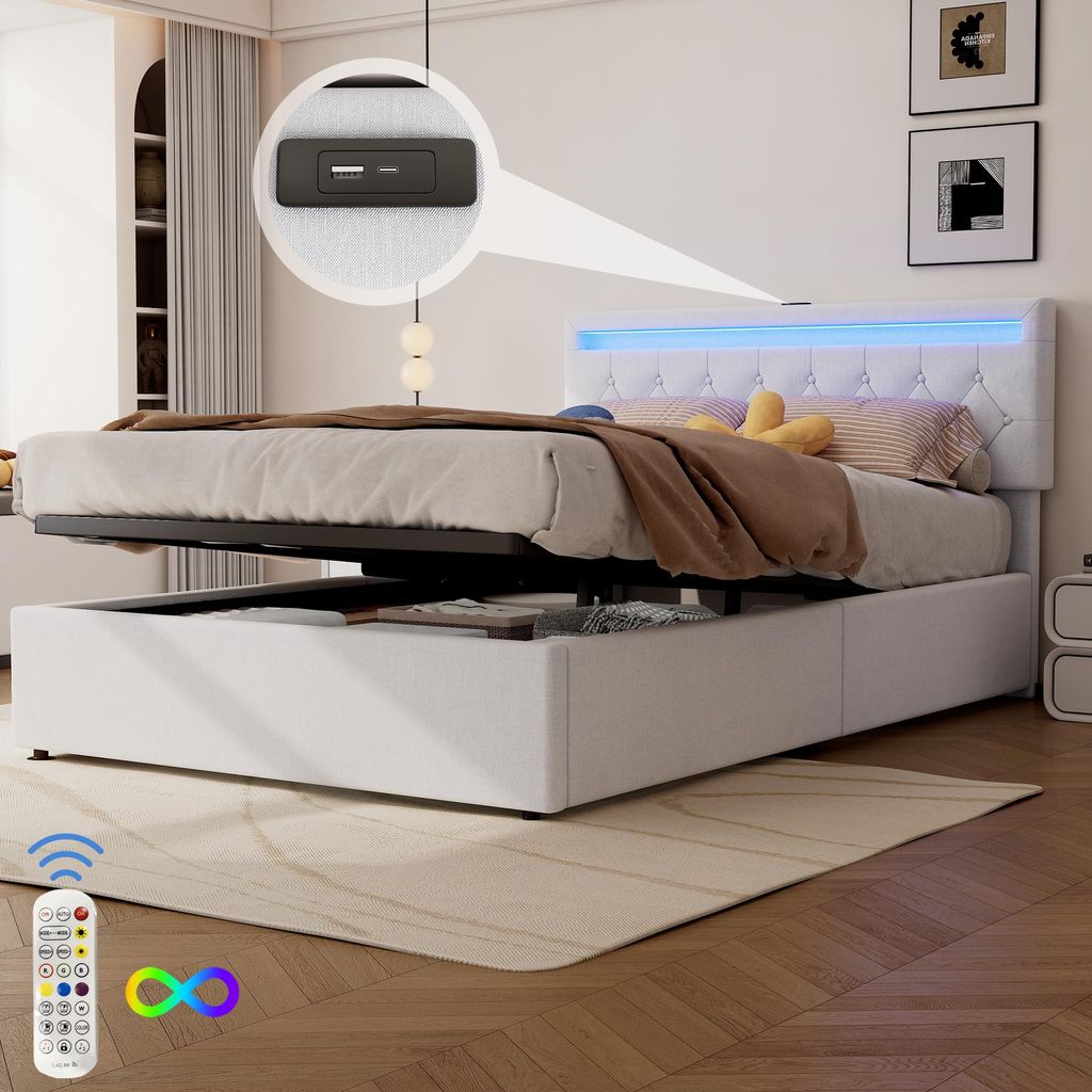Merax Polsterbett 140x200 cm, Flachbett mit LED, USB und Typ-C Ladeanschluss, Hydraulische Lagerung, Doppelbett, Leinen, Weiß