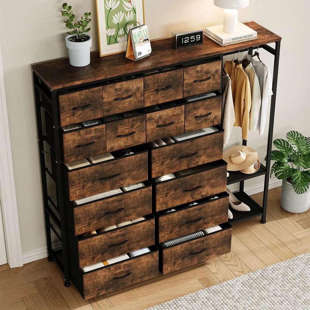 Commode 16 tiroirs avec penderie et structure métal marron robuste - 5