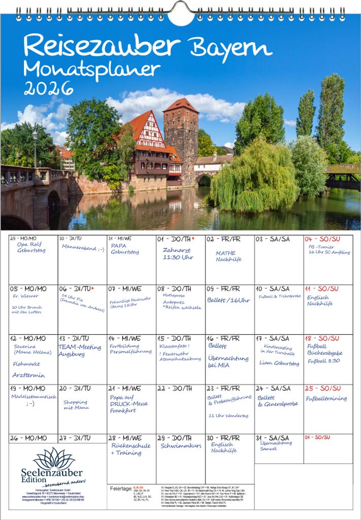 Reisezauber Bayern Planer DIN A3 Kalender für 2026 München Nürnberg Deutschland- Seelenzauber