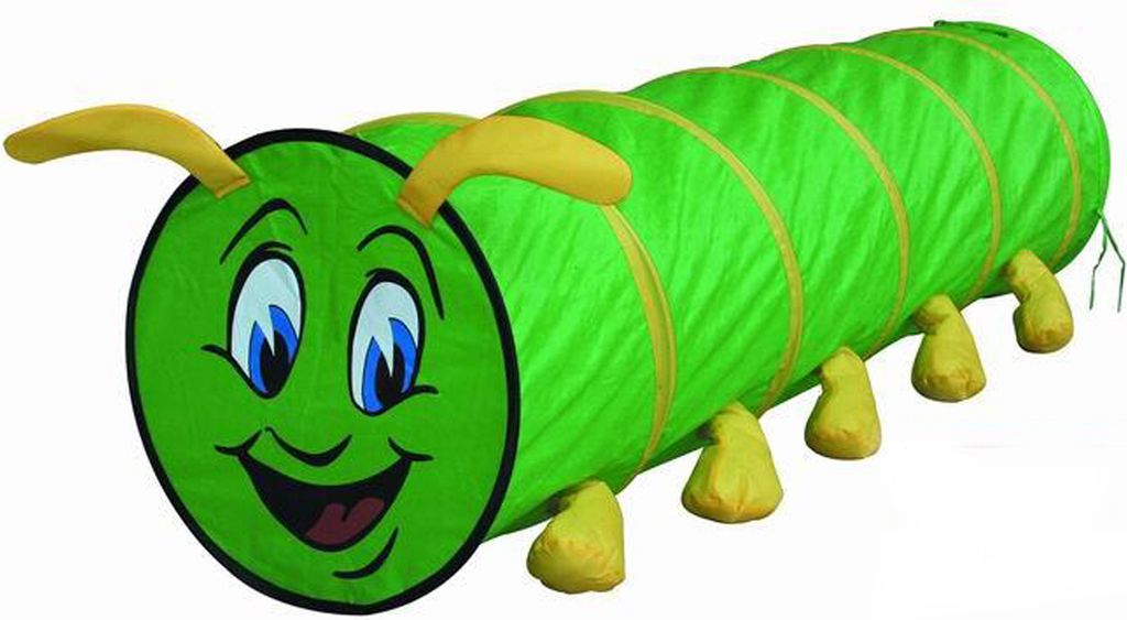 A green caterpillar tunnel toy with yellow accents, shown on a white background.