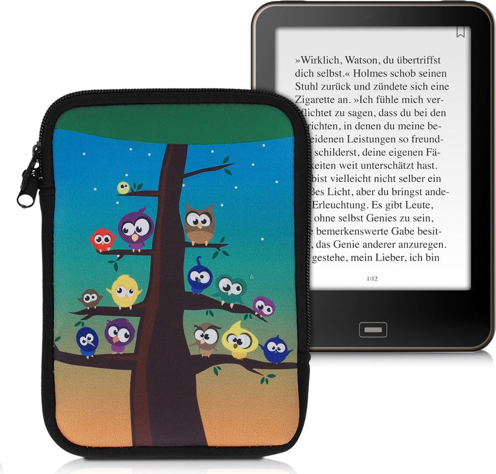 kwmobile Tasche für eReader - Neopren Hülle Schutzhülle Eule Baum Mehrfarbig Blau Braun - 17 x 12 x 2 cm Innenmaße