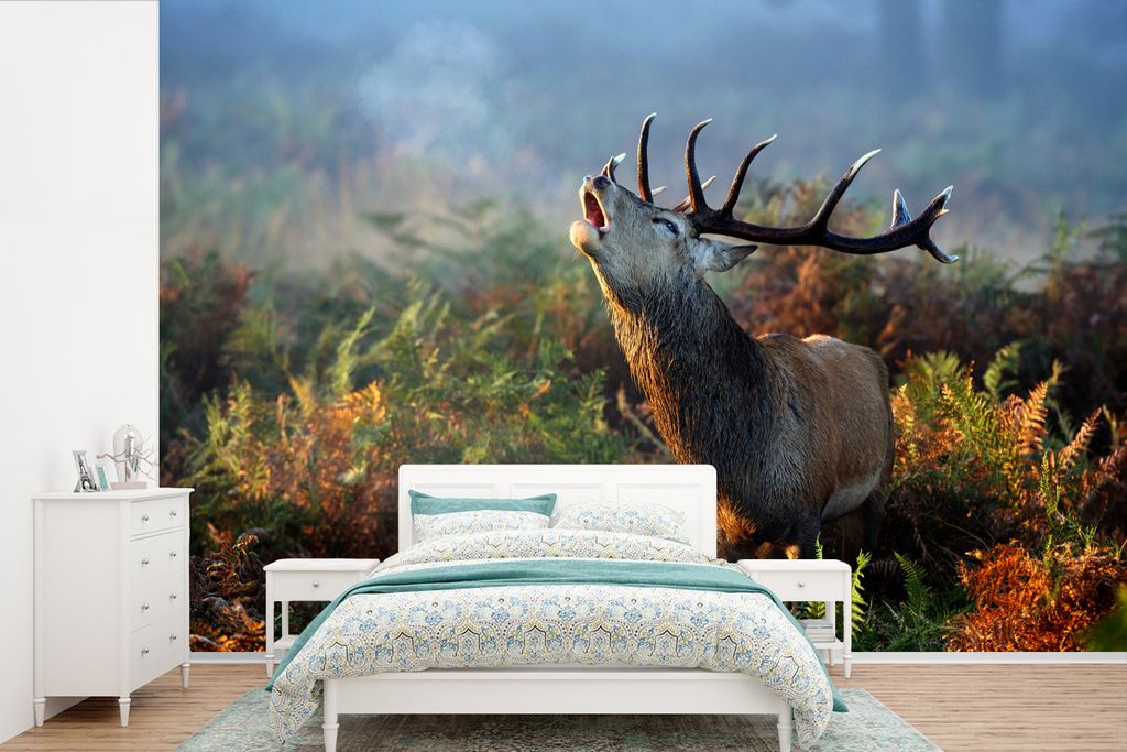 MuchoWow Fototapete für Wohnzimmer oder Schlafzimmer Wandtapete Vinyl Motivtapete Rehe - Pflanzen - Nebel - 450x300 cm - Gemusterte