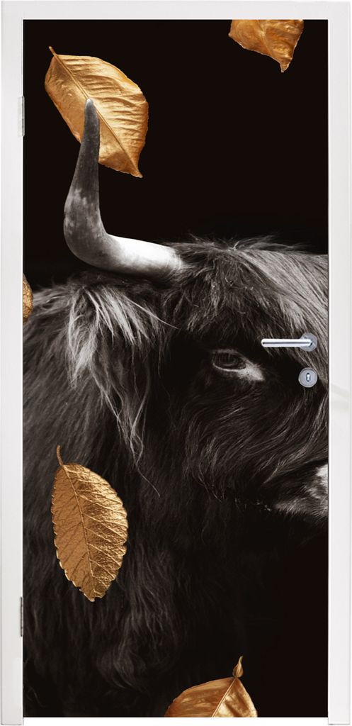 MuchoWow Türtapete Selbstklebende Türfolie Scottish Highlander - Schwarz - Weiß - Gold 90x205 cm Türposter Türaufkleber Klebefolie Türklebe...