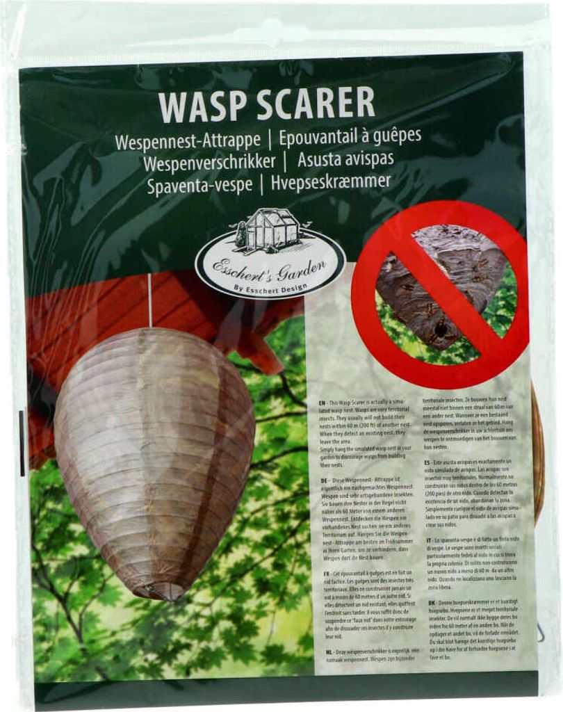 The image shows the packaging of a wasp deterrent product, with a simulated wasp nest hanging in the foreground and a 'no wasps' symbol in the background.