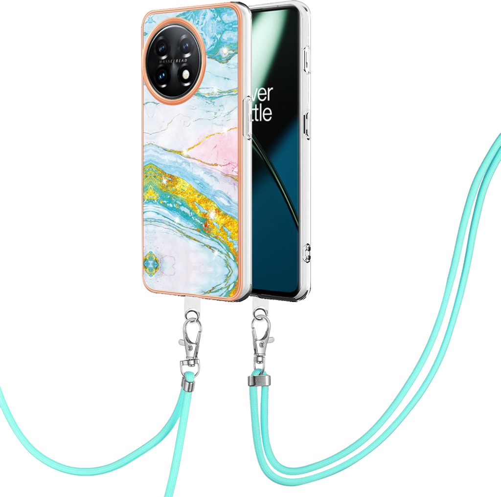 Handykette Hülle für OnePlus 11 Muster TPU Schutzhülle mit verstellbarem Tragegurt Türkis