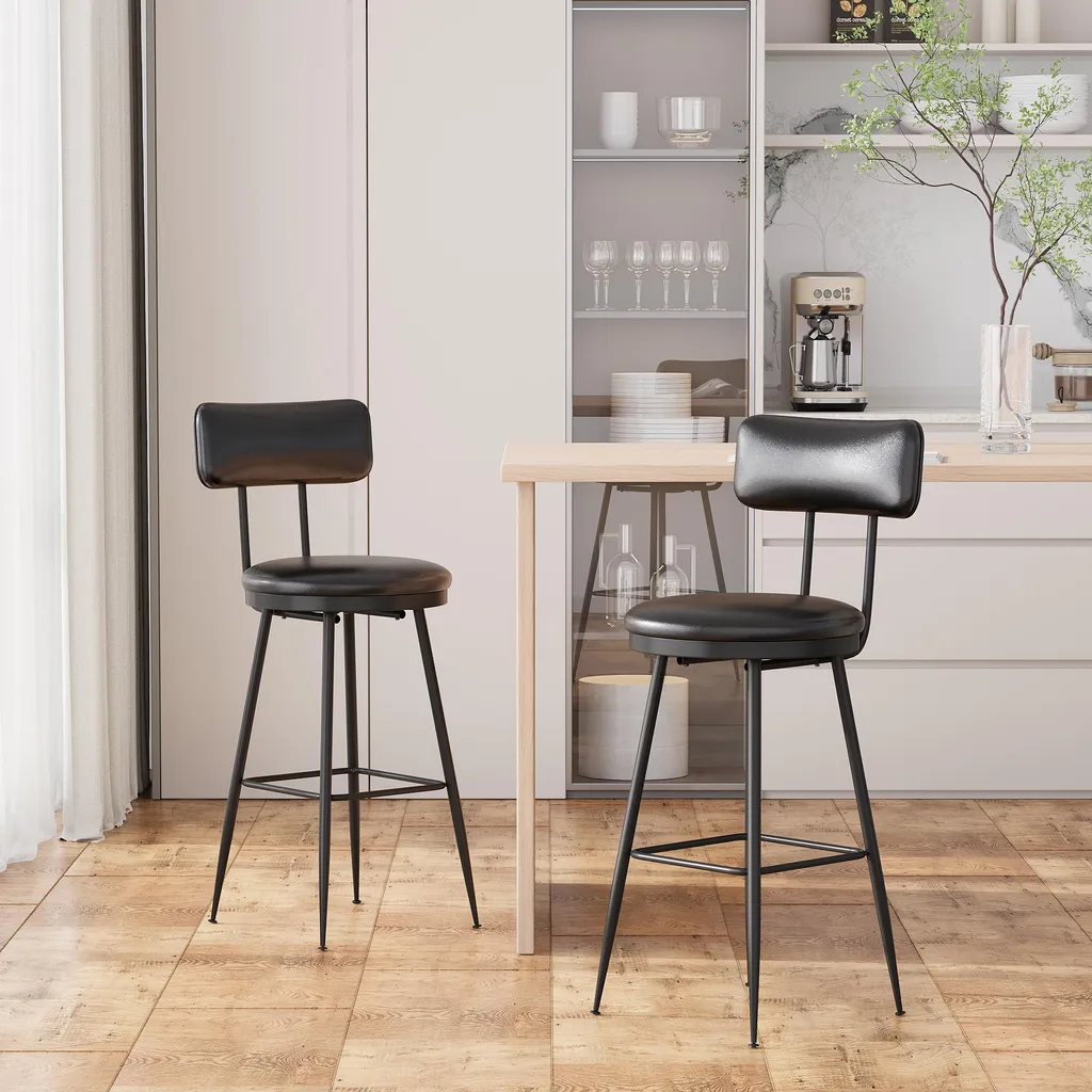 Tabouret de bar Fortuna Lai lot de 2 en PU noir avec dossier confortable