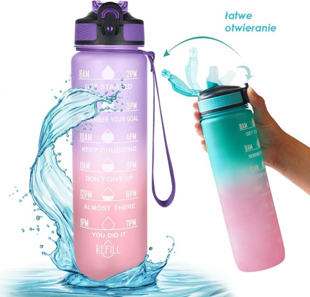 Wasserflasche mit Maß und Strohhalm 1l ombre lila mit Koralle bd20