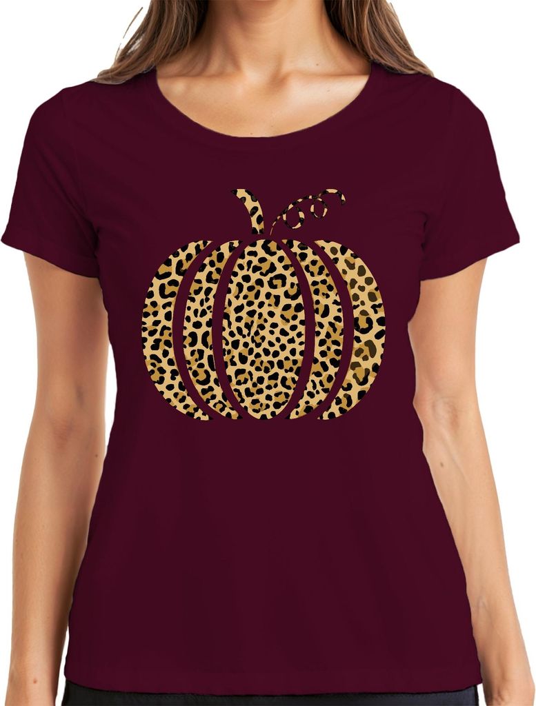 Leopardenmuster Kürbis Herbst Halloween Animalprint Boho Chic Damen T-Shirt, Burgundy, XXL