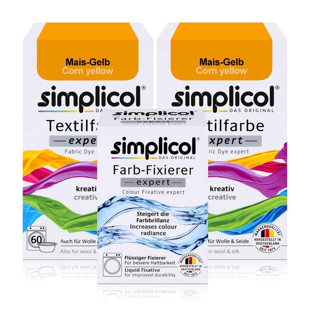 Simplicol Textilfarbe expert 2x Mais-Gelb 150g & 1x Farb-Fixierer Expert 90ml