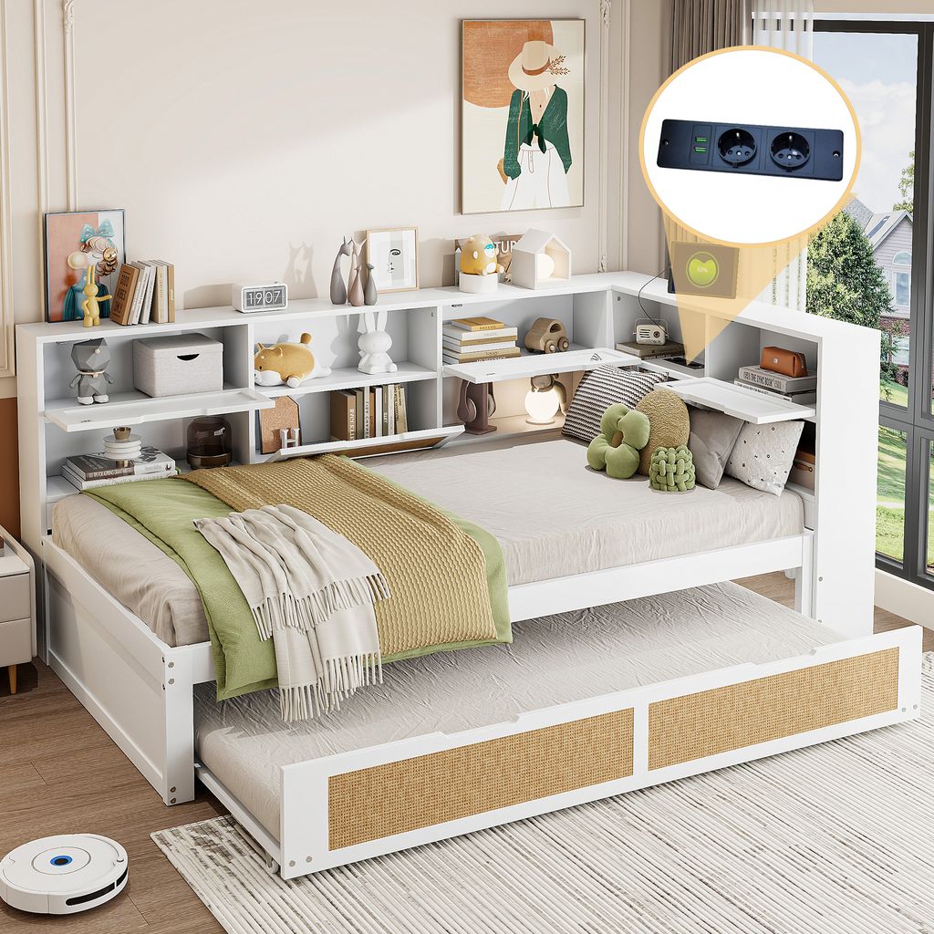 Flieks Tagesbett mit Ausziehbett 90x190cm, Schlafsofa 90x200cm mit Ladefunktion, Holzbett Einzelbett Stauraumbett mit Staufach, Jugendbett Gästebett