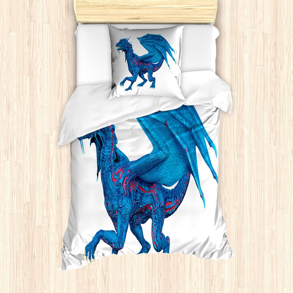 ABAKUHAUS Drachen Bettbezug Set für Einzelbetten, Wilde Kreaturen mit Flügeln, Milbensicher Allergiker geeignet mit Kissenbezug, 135 cm x 200 cm ...