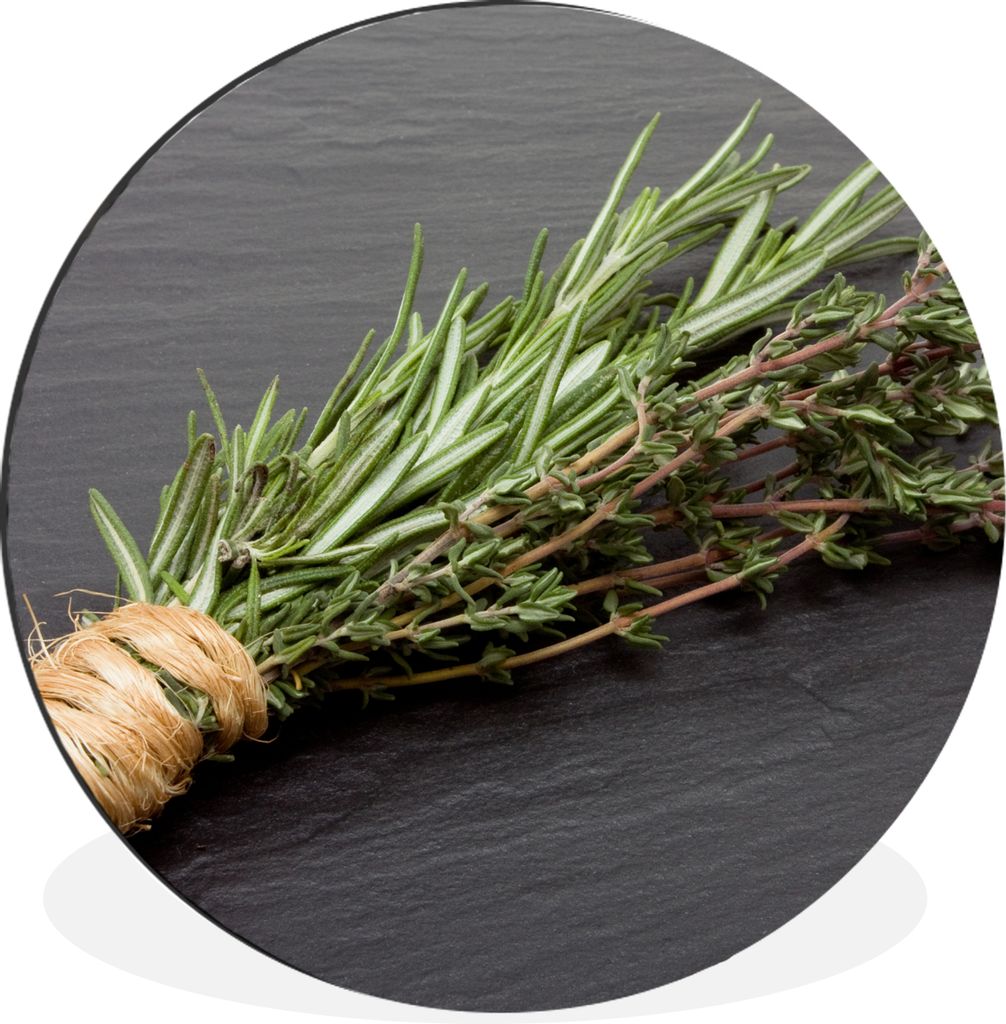 MuchoWow Aluminium Wandkreis Thymian - Kräuter - Grün - Tisch - Küche - Stein Ø 60 cm Wanddeko Modern Wohnzimmer - Wand Kreis - Wandbild - Sc...