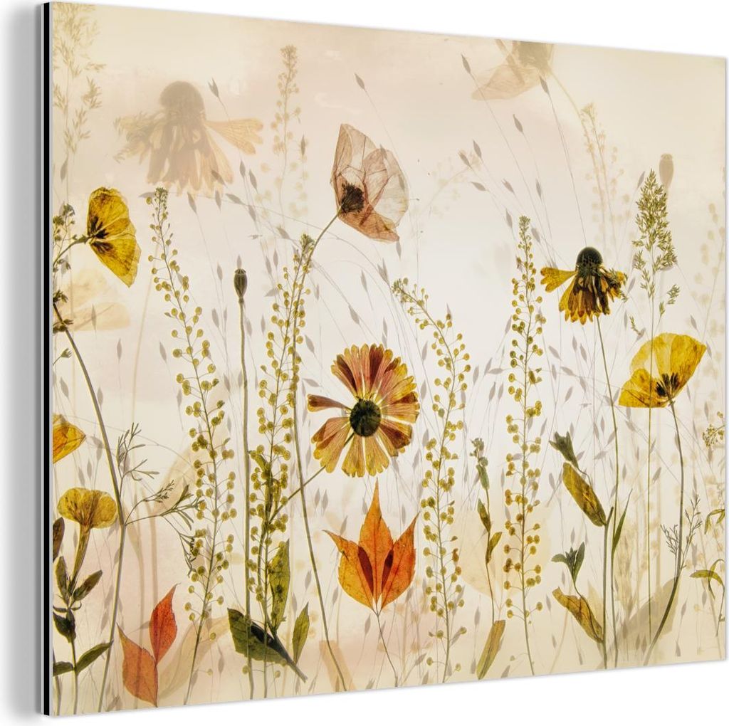 MuchoWow Wanddekoration Metall Metallbild Wandkunst 80x60 cm Illustration - Pflanzen - Insekten - Beige MuchoWow Aluminium Gemälde - Alubild