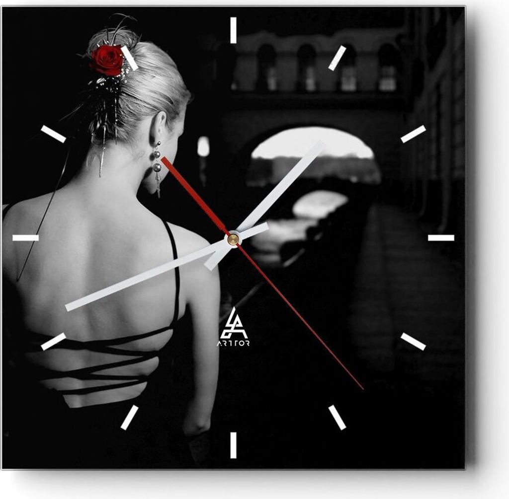 Wanduhr - Quadrat - Glasuhr - Lady Rose Mystery - 40x40cm - Schleichendes Uhrwerk - Lautlos - zum Aufhängen bereit - Dekoration Modern - Wanddekor...