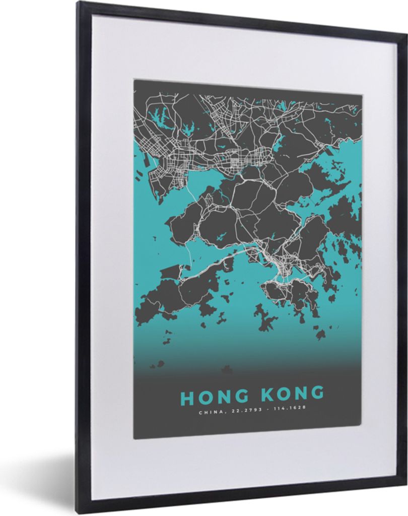 MuchoWow Gerahmtes Poster Hongkong - Stadtplan - Karte - Blau 30x40 cm - Poster mit Schwarzem Bilderrahmen Wandposter Rahmen Foto Bilder - Wandpo...