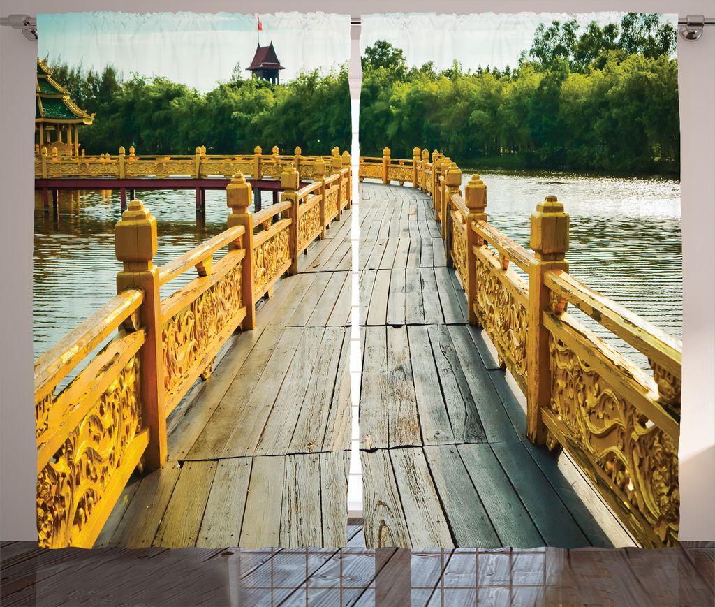 ABAKUHAUS Landschaft Rustikaler Gardine, Holzbrücke Reisen, Schlafzimmer Kräuselband Vorhang mit Schlaufen und Haken, 280 x 225 cm, Mustard Tan G...