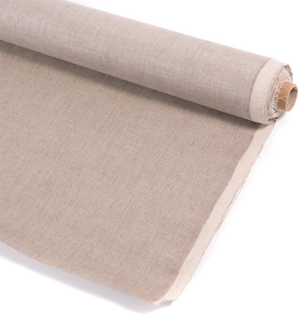 A roll of beige linen fabric is shown on a white background.