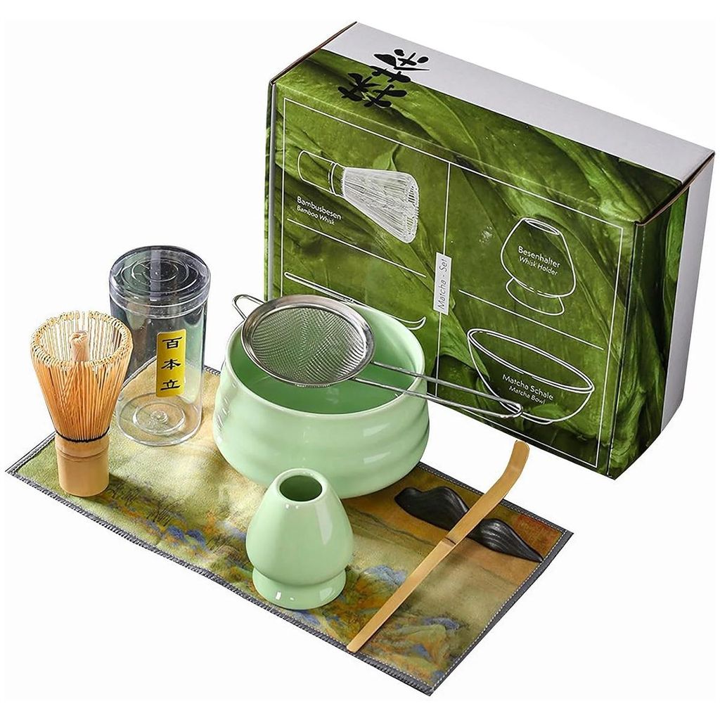 Matcha Teezeremonie Set 4-teilig,Japanisches Matcha Teeschalen Set mit Bambusbesen, Löffel und Zubehör, Keramik Schale,Grün