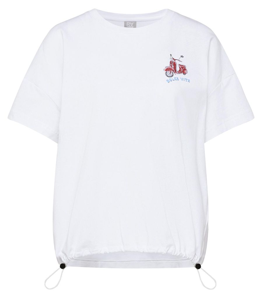 T-Shirt Weiß mit mediterranem Rückenprint, Brustprint und Tunnelzug, Größe 44