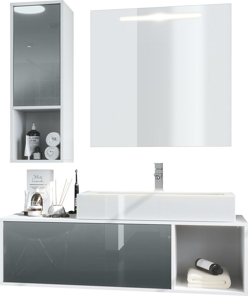 Vladon Badmöbel Komplettset La Costa, Germany, Korpus in Weiß matt / Fronten in Grau Hochglanz, mit Aufsatzwaschbecken, Armatur und LED Spiegel
