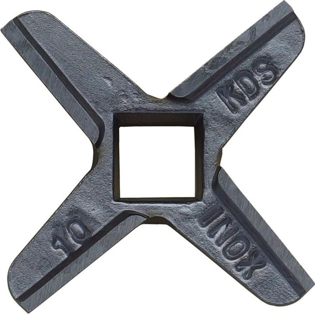 A close-up, centered shot of a four-pronged metal blade with a square hole in the center.