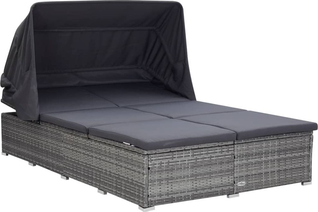 2-Personen-Sonnenliege mit Auflage Poly Rattan Grau