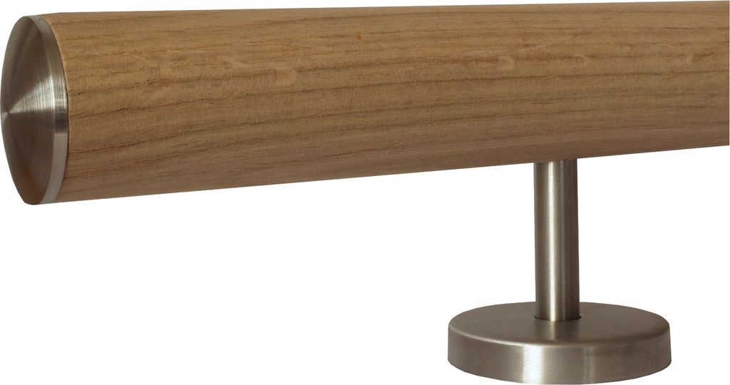 TIBU Eiche unbehandelt Holz Handlauf Geländer 0,3m - 5m, Länge 160 cm, Ende leicht gewölbte Edelstahlkappe und 3 gerade Halter