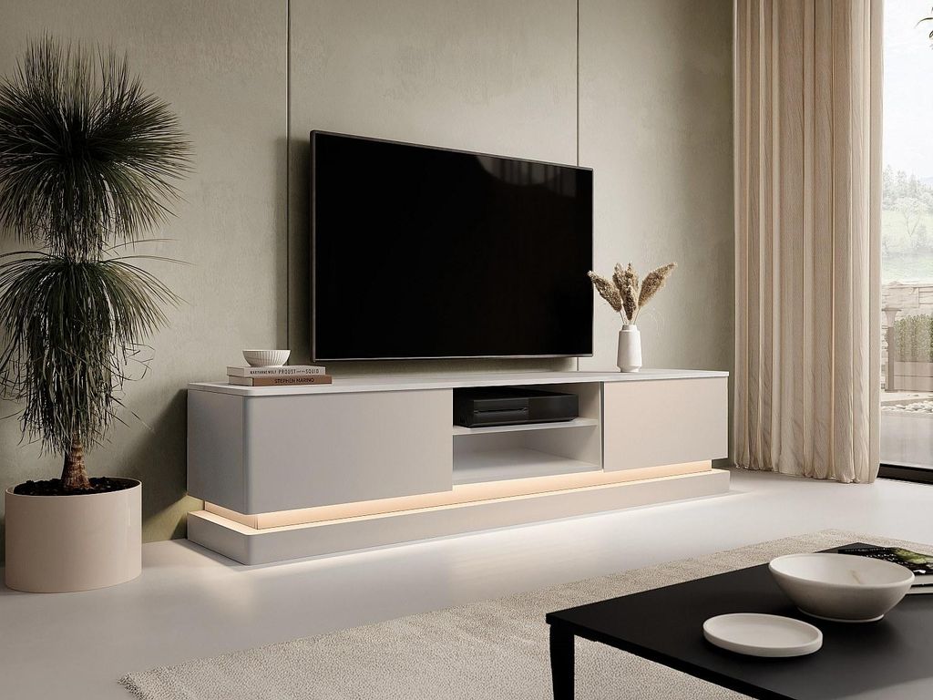 RTV-Schrank mit 2 Schubladen und 2 Nischen mit LED-Beleuchtung aus MDF - Beige und weißer Marmoreffekt - DEVIKA by Pascal Morabito