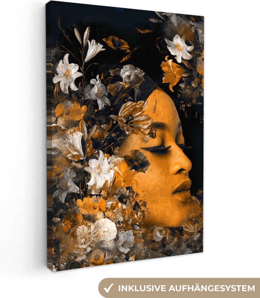OneMillionCanvasses - Leinwandbilder - 90x140 cm, Blume - Frauen - Gold, Wandbilder Kunstdruck Wanddekoration - Wandschmucke - Schlafzimmer