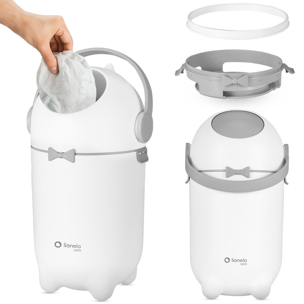 A hand is shown placing a diaper into a white and gray diaper pail. The diaper pail is shown in two views: one with a hand inserting a diaper, and another showing the assembled pail with its lid and a disassembled view of the lid components.