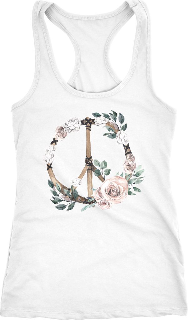 Damen Tank-Top Peace-Symbol Blumen Flowerpower Hippie Boho Bohemian Racerback Neverless weiß XXL