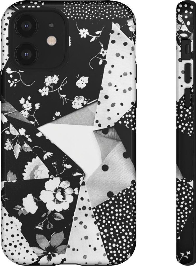 Monochromes Blumen- und Punktmuster im Patchwork-Stil – Hülle Kompatibel mit iPhone 12