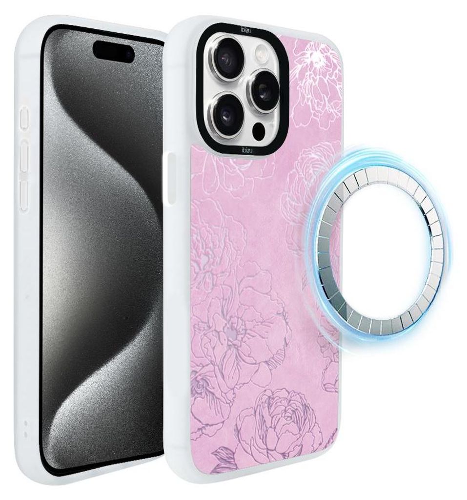 Schutzhülle für das iPhone 15 Pro, MagSafe-kompatibel, mattweiße Seiten, Rosa Pfingstrosen