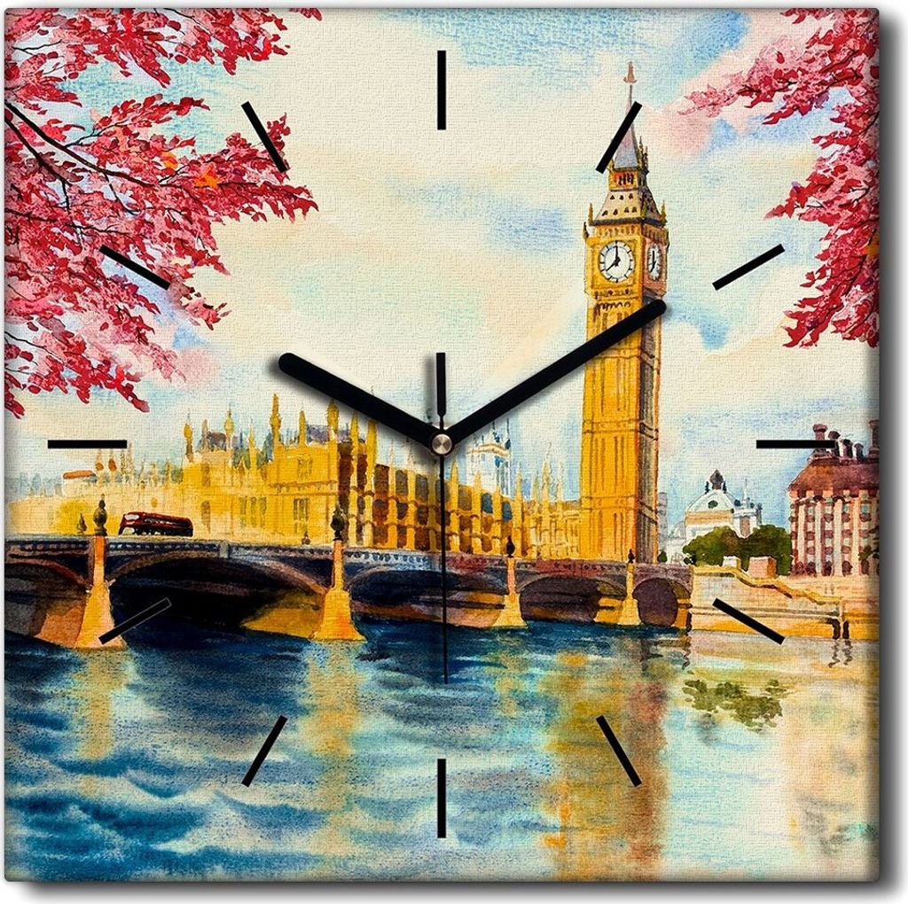 Coloray Uhr auf Leinwand 30x30 cm Wand Uhr Dekoration Wohnzimmer Segeltuch schwarze Hände -London City Big Ben