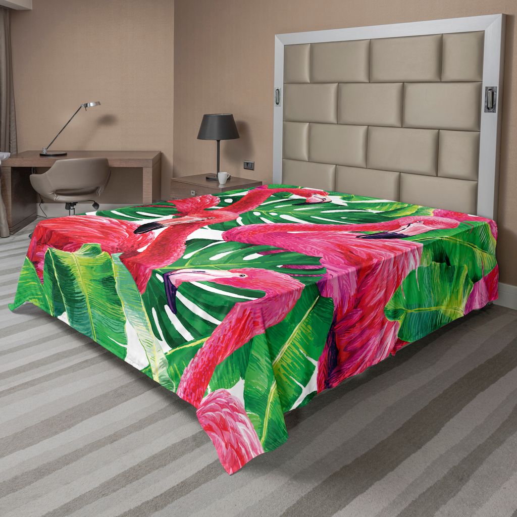 ABAKUHAUS Flamingo Bettlaken, Flamingos, Die Auf Makrotropen Exotischen Blättern Sitzen, Grafik In Der Retrostil Grafik, weiches bequemes oberes B...