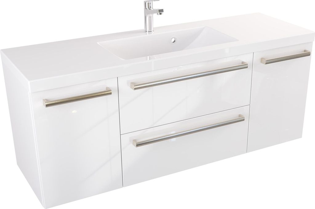 FURNI Waschtischunterschrank ATH 120 cm - Weiß Hochglanz - Hängender Badschrank mit Mineralguss-Waschbecken - Griffe - Vormontiert
