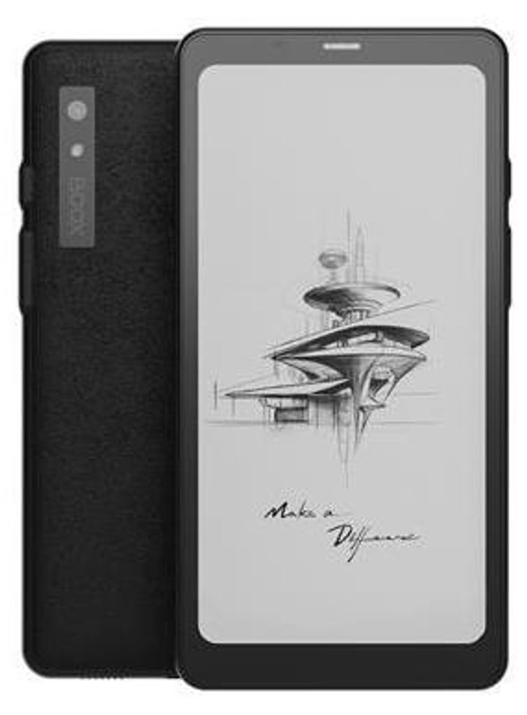 A black eBook reader is shown from the front and back, displaying a sketch of a futuristic building and text on its screen.