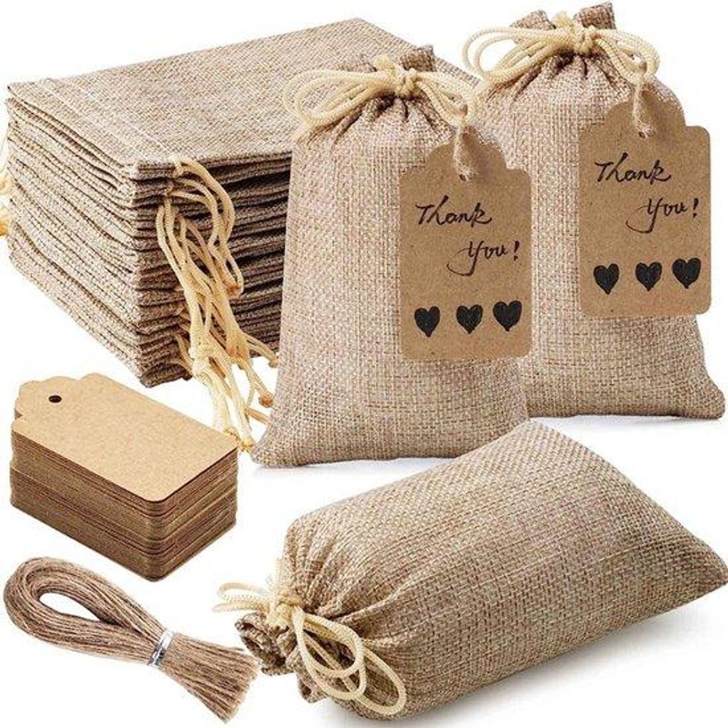 Somstyle Jutebeutel-Set – 50 Stück – Geschenktaschen mit Etikett – 10 x 14 cm – Baumwoll-Geschenkbeutel – hellbraun