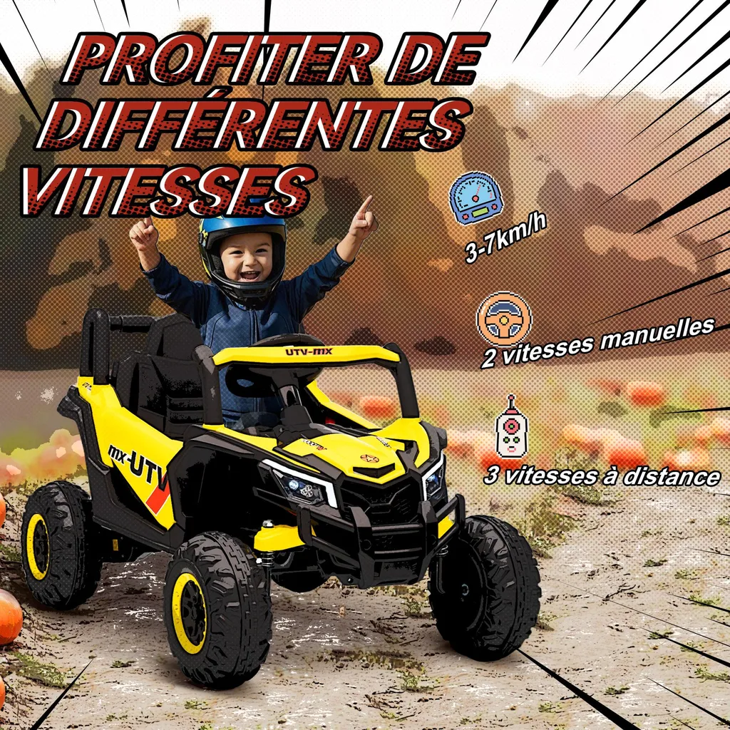 Voiture UTV 12V jaune pour enfant avec télécommande et roues robustes - 7