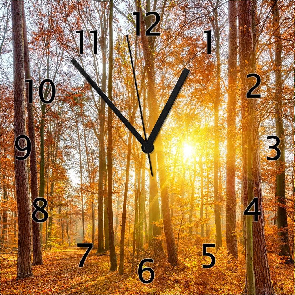 Wallario Design Wanduhr Sonnenuntergang im herbstlichen Wald aus Echtglas, Größe 30 x 30 cm