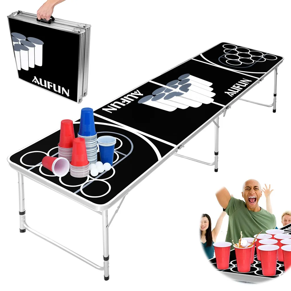 Table de Beer Pong Réglable avec 100 Gobelets et 5 Balles de Tournoi
