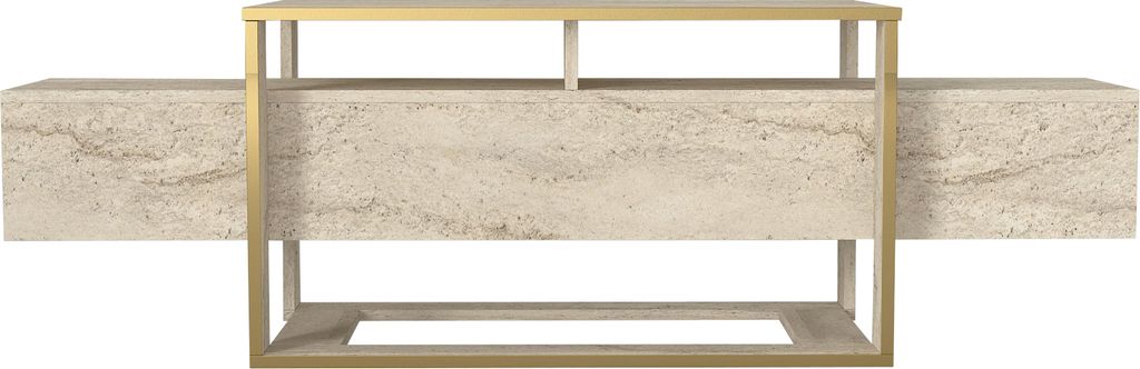 Tv Lowboard Bianco mit 2 seitlichen Ablagefächern und goldenem Gestell in beiger Granit Optik, 2499