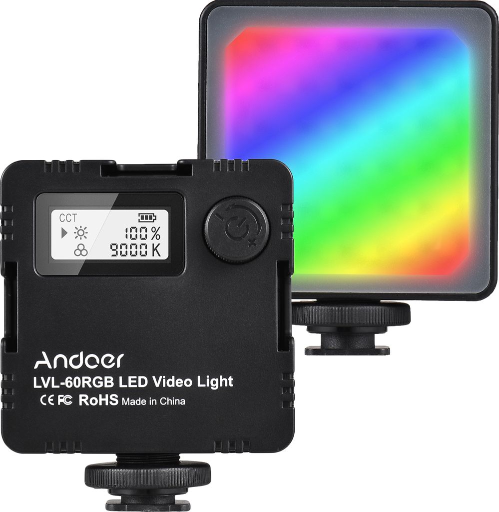 Andoer LVL-60RGB Mini zweifarbige LED-Videoleuchte, 2500 KšC9000 K, dimmbar, integrierter wiederaufladbarer Akku mit 3 Kaltschuhhalterungen, LCD-D...