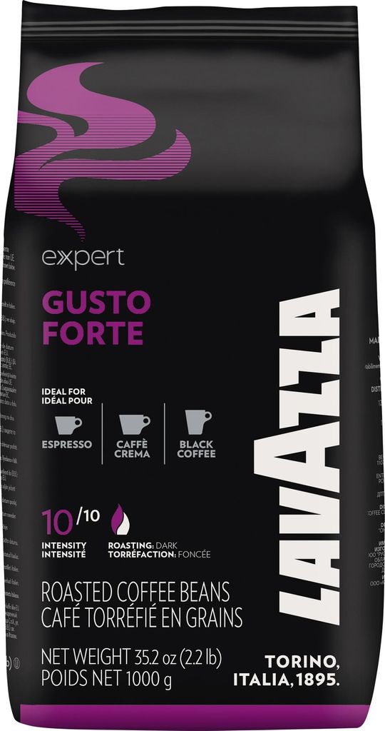 A bag of Lavazza Expert Gusto Forte coffee beans against a black background.