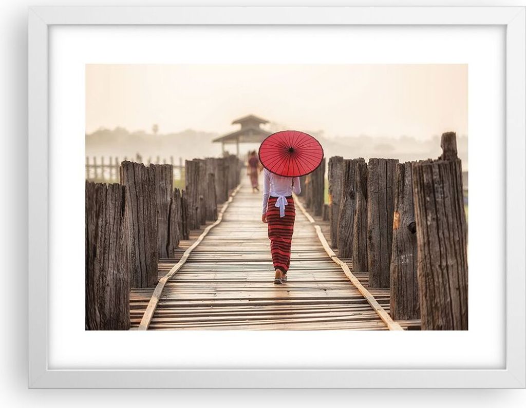 Gerahmtes Poster - Weißer Rahmen - Birma Regenschirm Brücke - 40x30 cm - Wand Bild - Wanddeko - Wandbilder - Kunstposter - Wandposter - Bilderrah...