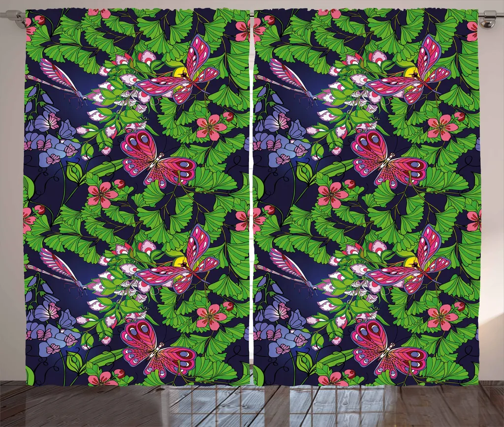 Rideau Fronces 280x225cm - Motif Fleurs Tropicales Bleu et Fougère